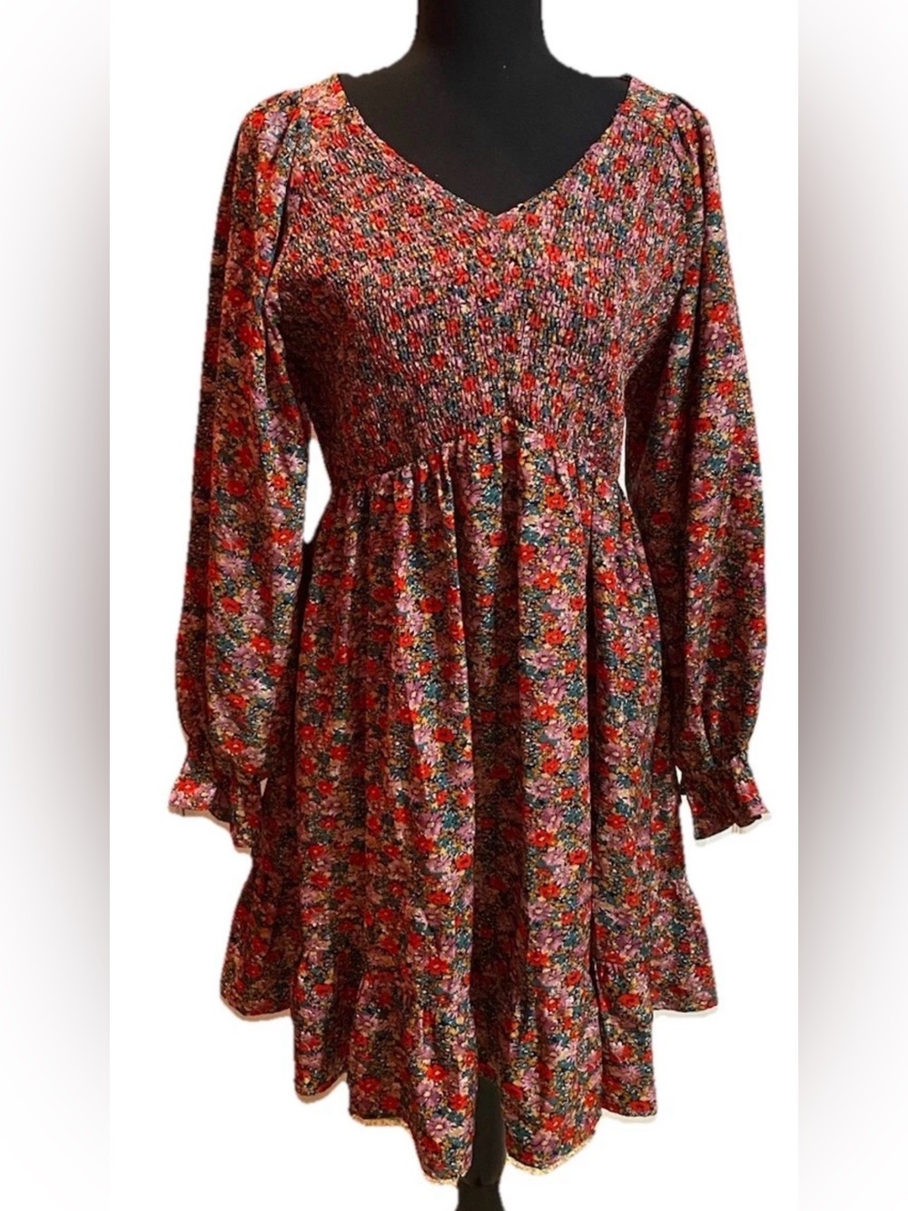 Women's Floral Long Sleeve Dress  L Large Jodifl Ruffle Sleeves Knee Length